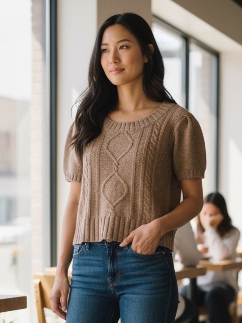 Old Navy cable knit beige color sweater sweetheart neckline short sleeve top szM